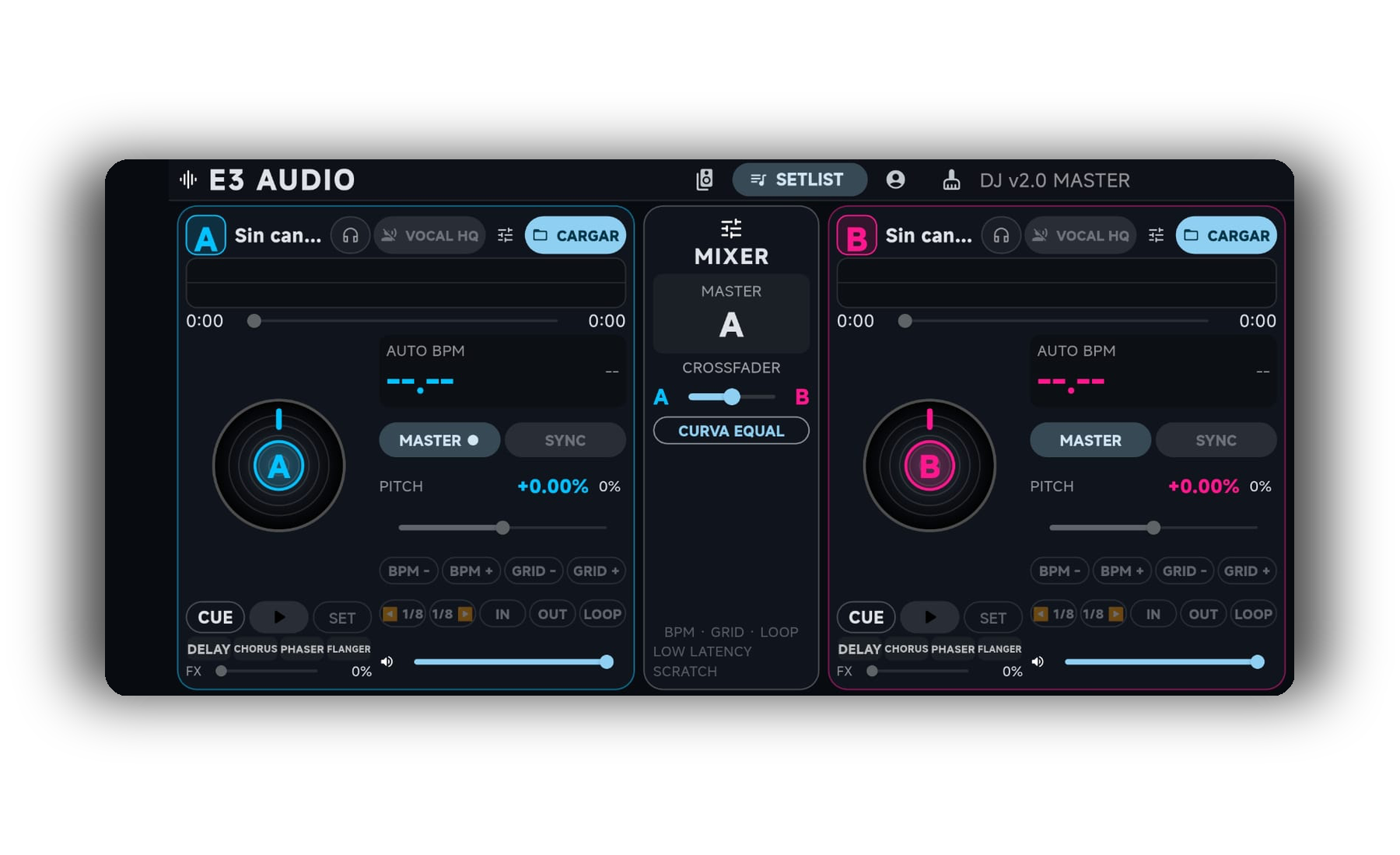 Interfaz de E3 Audio con Deck A, mixer central y Deck B